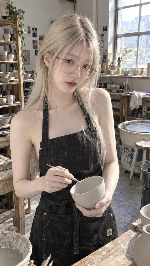 A blonde woman with glasses and a dark apron holds a bowl and utensil in a bright workshop.
