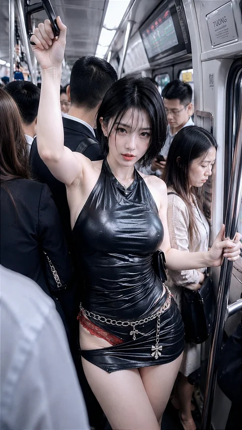 A woman in a shiny black outfit holds an overhead rail among passengers inside a train.