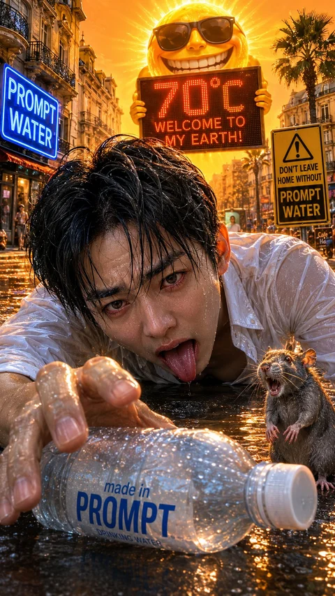 A man reaches toward a water bottle on wet pavement beneath large orange warning signs in an overheated-looking city scene.