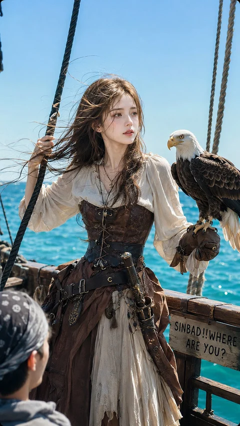 A person in a dark corset and flowing skirt stands beside a large eagle on the deck of a wooden ship with blue sea behind them.