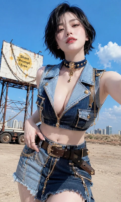 A short-haired woman poses beneath a bright blue sky in a cropped denim vest with matching bottoms.