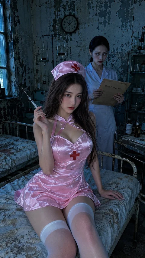 A woman in a shiny pink nurse costume sits on a bed while another figure stands in the dim room behind her.
