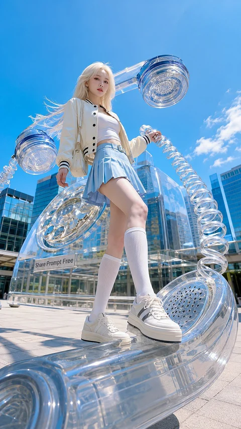 A blonde figure in blue-and-white streetwear stands on a giant transparent telephone against a blue sky.