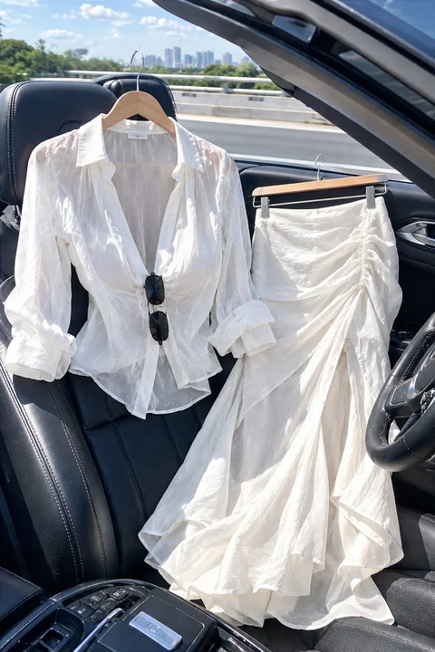 A white shirt and long white skirt hang together inside an open car, with dark sunglasses clipped to the shirt.
