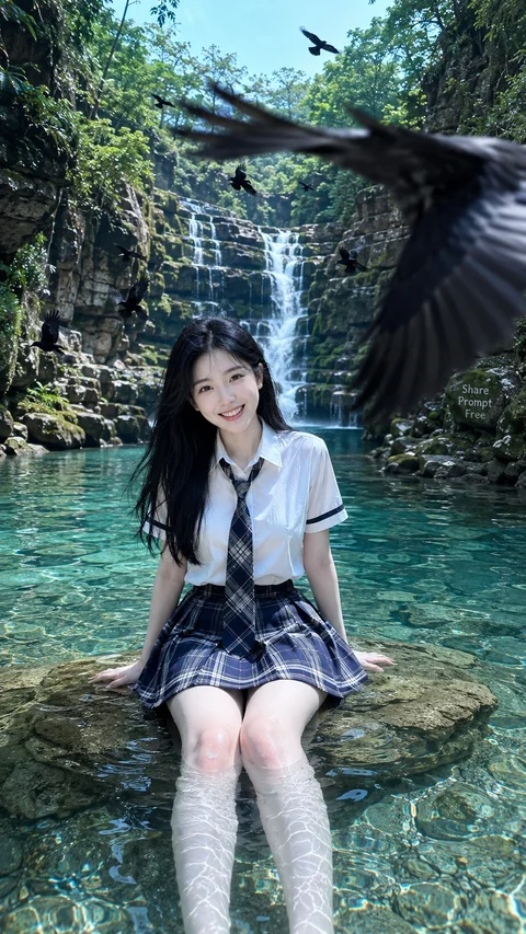 A person in a white blouse, dark tie and plaid skirt sits beside clear forest water with a bird overhead.