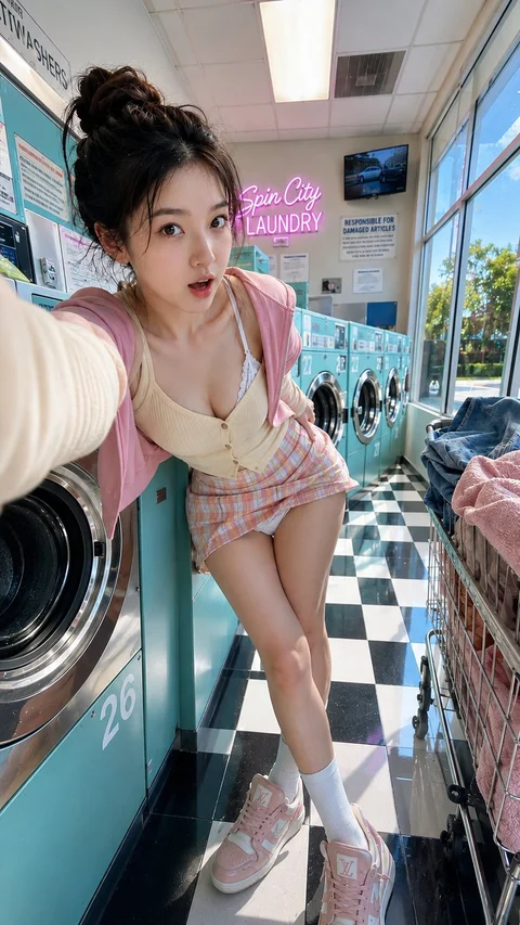 A woman in pink-and-white casual layers leans toward the camera beside blue washing machines and a checkered floor.
