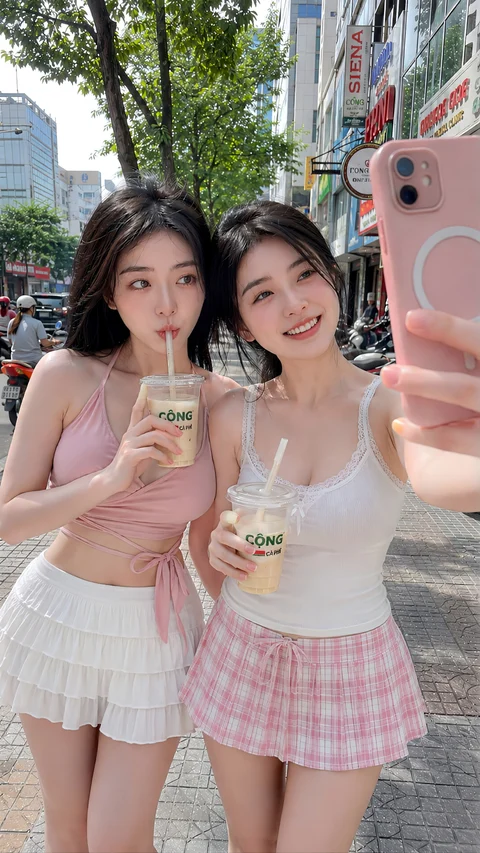 Two women in light tops and short skirts pose together with drinks while holding a pink phone on a city street.