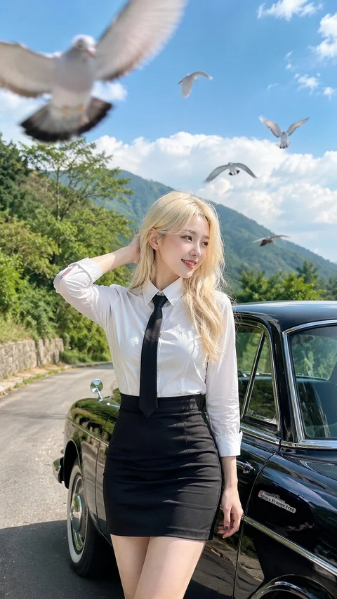 A blonde woman in a white shirt, black tie and dark skirt stands beside a black car as birds fly overhead.
