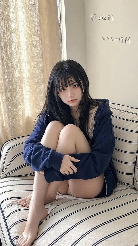 A dark-haired person in a blue hoodie sits with knees drawn up on a striped armchair beside a curtain.