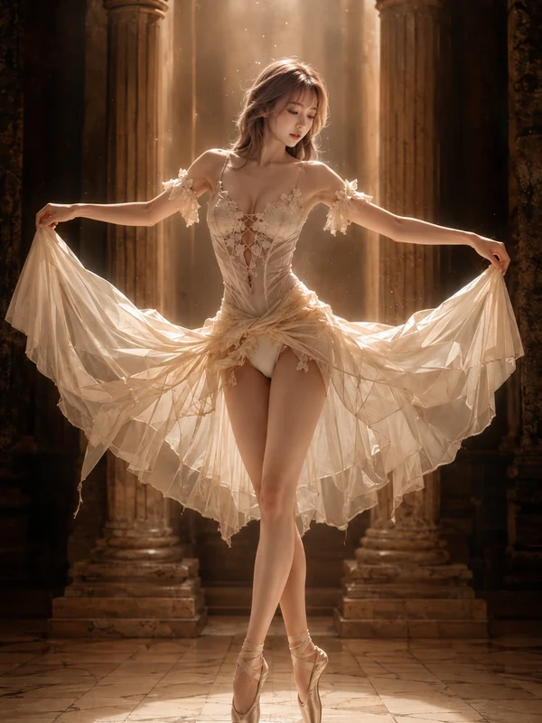 Adult ballet dancer in a golden stone hall
