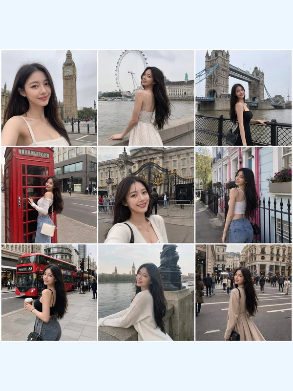 Nine-panel adult London travel photo diary