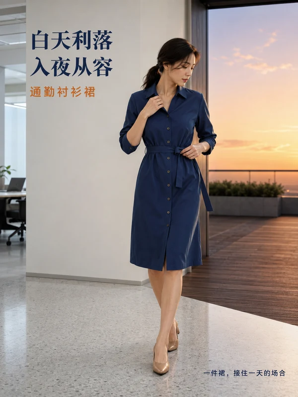 Adult woman in a blue shirt dress in a commuting-fashion poster