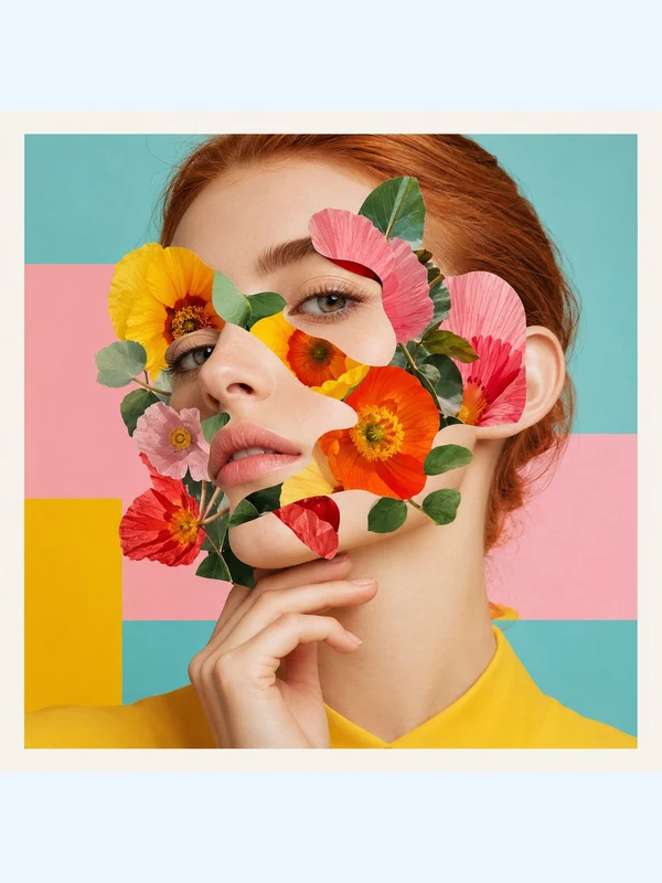 Copper-haired adult fashion portrait with a floral paper collage
