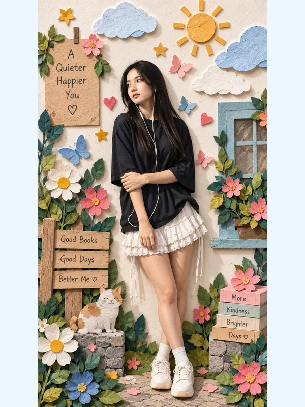 Adult woman in black and white clothes beside a paper-flower collage