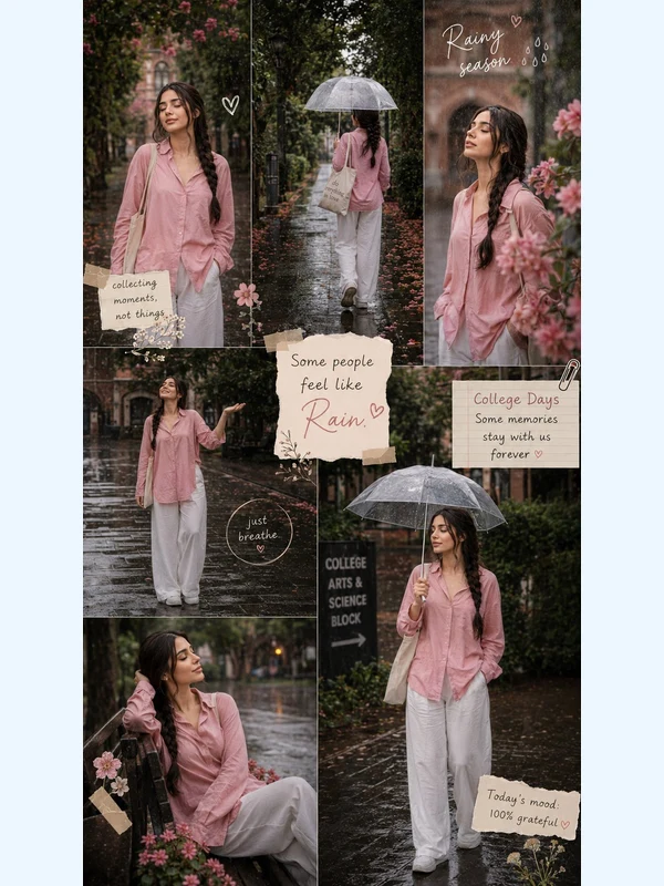Rainy campus photo diary of an adult woman in pink and white