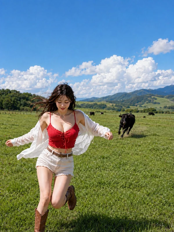 Adult woman in red and white running through a pasture