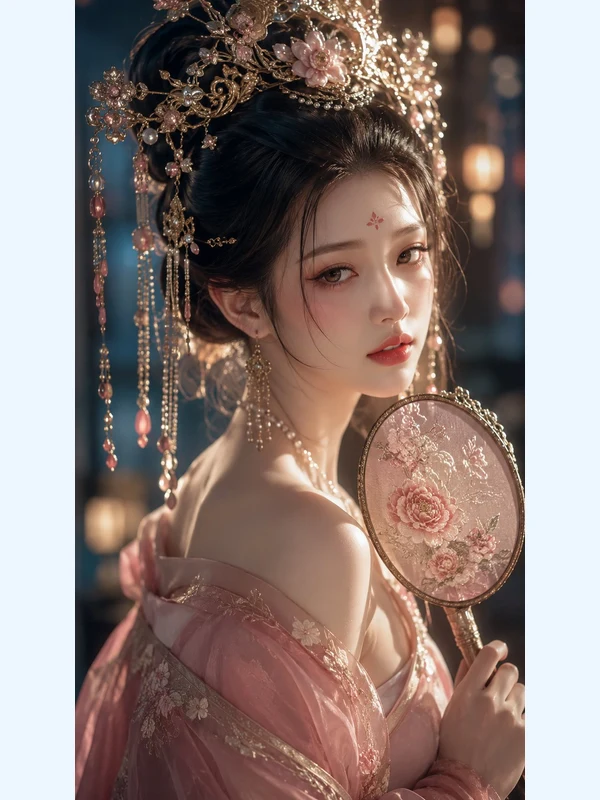 Adult fantasy portrait in ornate pink costume with a crown and fan