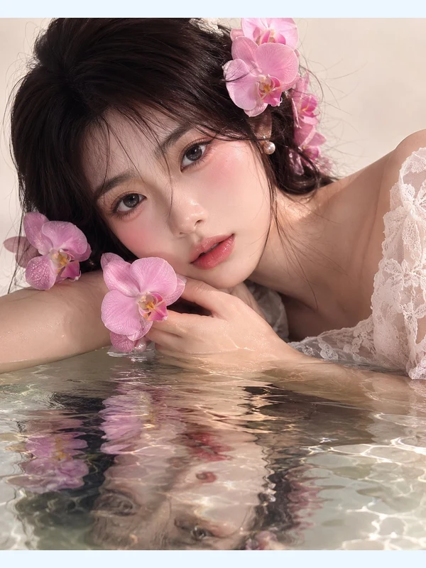 Adult portrait with pink orchids and a water reflection
